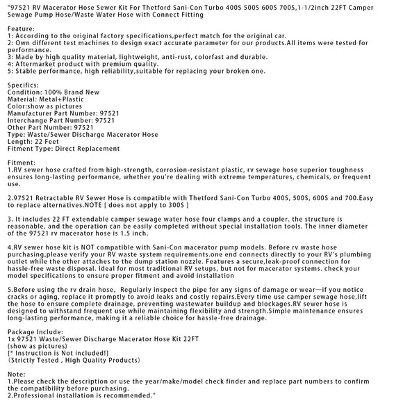 Thetford Sani-Con Turbo 400S 1-1/2inch 22FT 97521 RV Macerator Hose Sewer