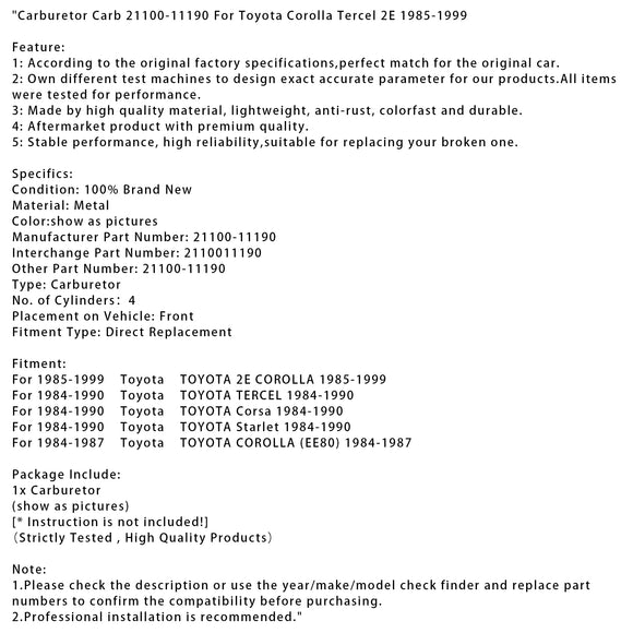 Carburetor Carb 21100-11190 For Toyota Corolla Tercel 2E 1985-1999