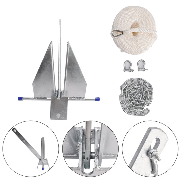 Hot-Dipped Boat Anchor Kit 10Lbs Sliding Anchor & Rope Set Silver Fits For Boat